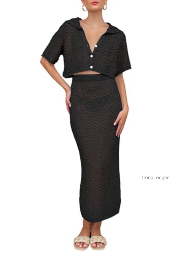 Crochet Beach Cover Up Set Knit Crop Top Bodycon Long Skirt 2 Piece Outfits